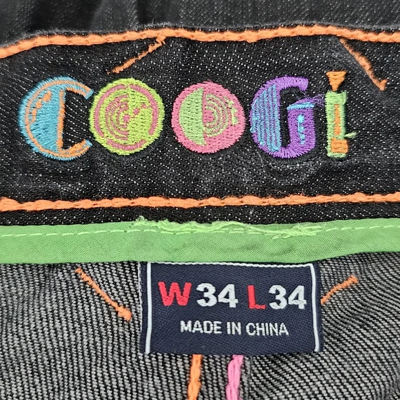 COOGI Black Jeans with Multicolor Geometric Design, EUC, Size W 34, L 34